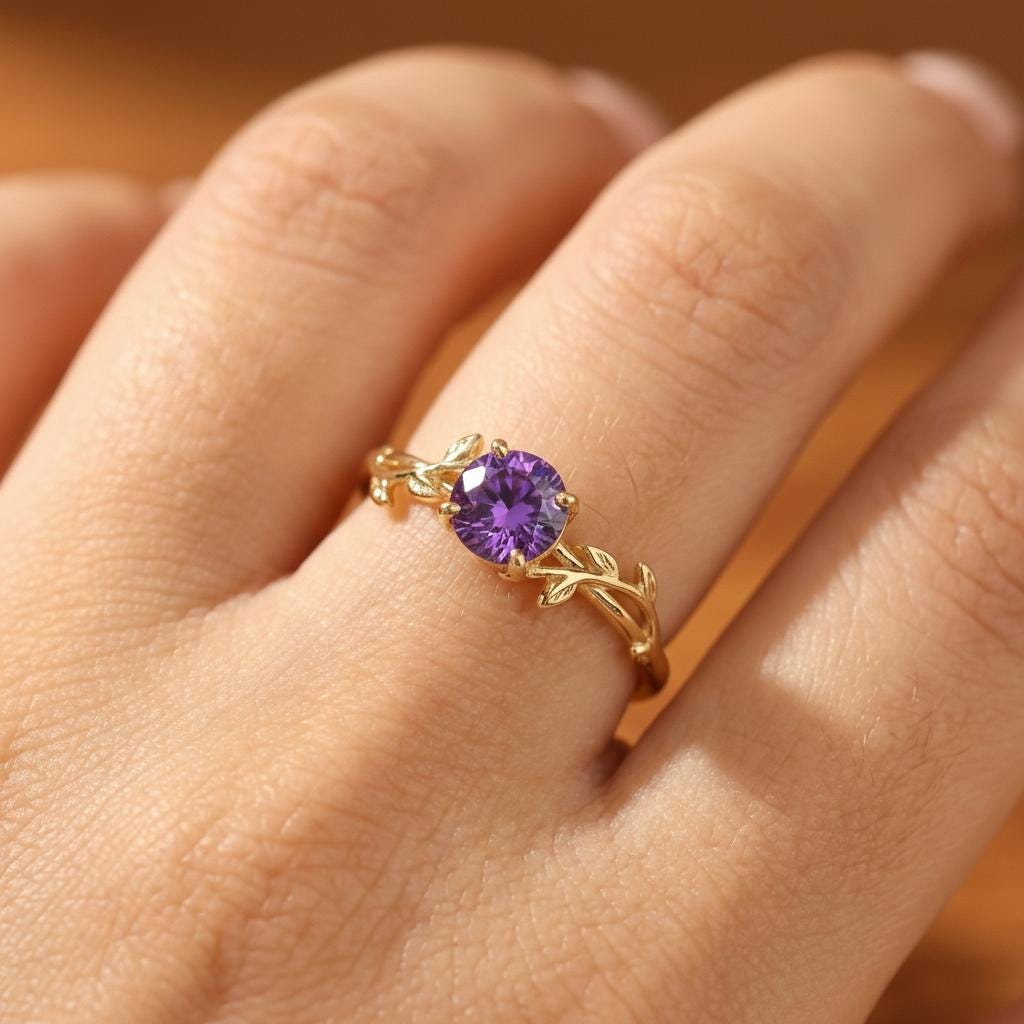 0.8ct Amethyst Ring,  14K Sold Gold Vintage Round Amethyst Ring, Nature Inspired Vine Stacking Ring, February Birthstone