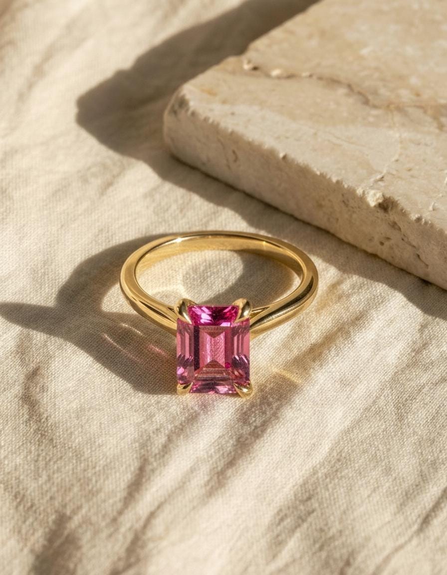 2ct Emerald Cut Lab Padparadscha Sapphire Ring Gold Push Present