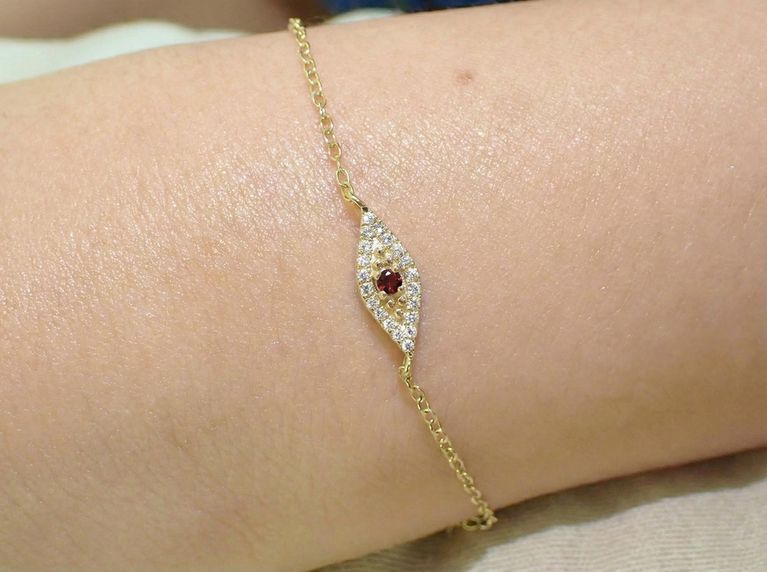 Garnet Evil Eye Bracelet, January Birthstone Protection Jewelry, 14K Gold Talisman Bracelet, Bridesmaid Gift for Her