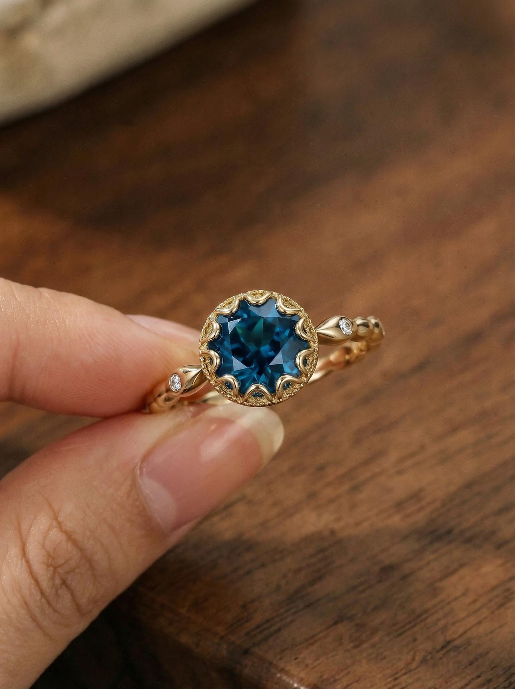 Sapphire Vintage Round Cut Ring, Rose Gold Antique Wedding Women's Ring, Art Deco Engagement Ring, September Birthstone Gift