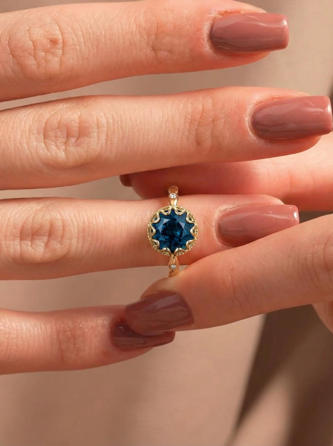 Sapphire Vintage Round Cut Ring, Rose Gold Antique Wedding Women's Ring, Art Deco Engagement Ring, September Birthstone Gift