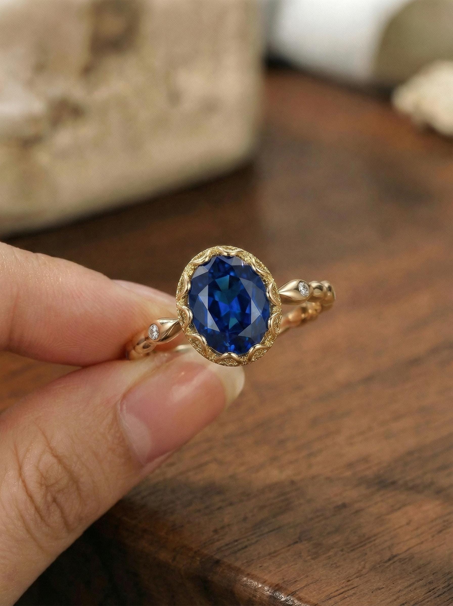 Vintage Oval Cut Blue Sapphire Ring, Rose Gold Antique Wedding Women's Ring, Art Deco Engagement Ring, Unique September Birthstone Ring