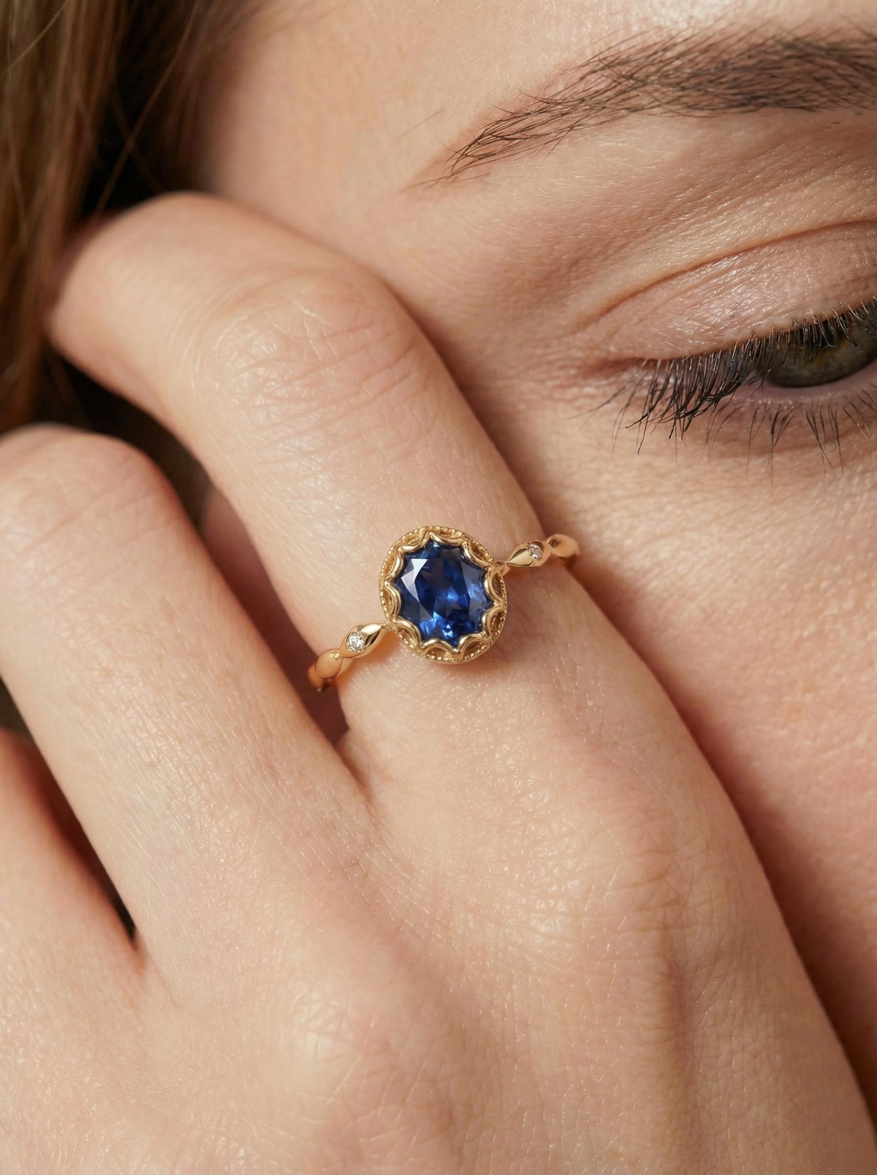 Vintage Oval Cut Blue Sapphire Ring, Rose Gold Antique Wedding Women's Ring, Art Deco Engagement Ring, Unique September Birthstone Ring