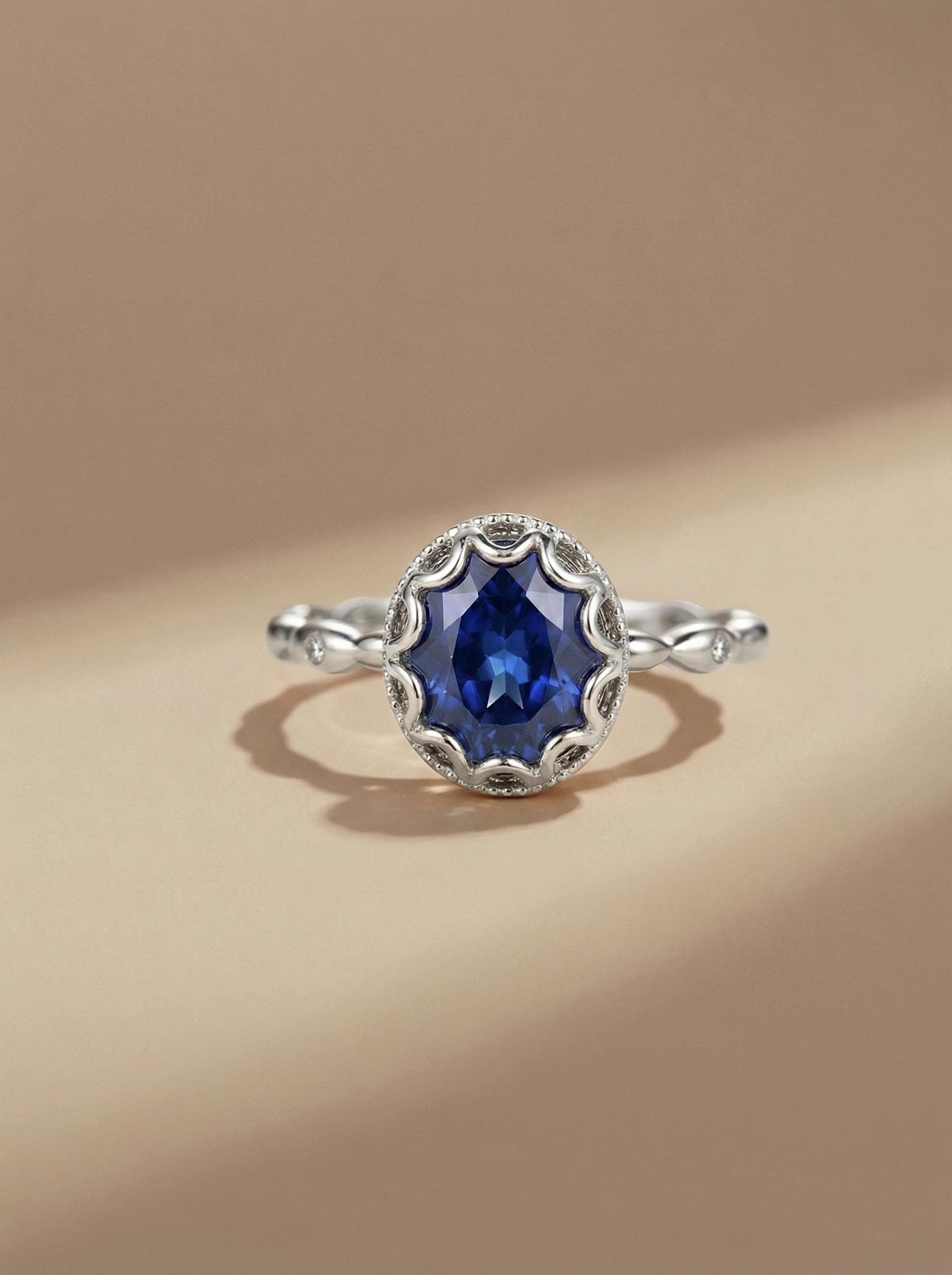Vintage Oval Cut Blue Sapphire Ring, Rose Gold Antique Wedding Women's Ring, Art Deco Engagement Ring, Unique September Birthstone Ring