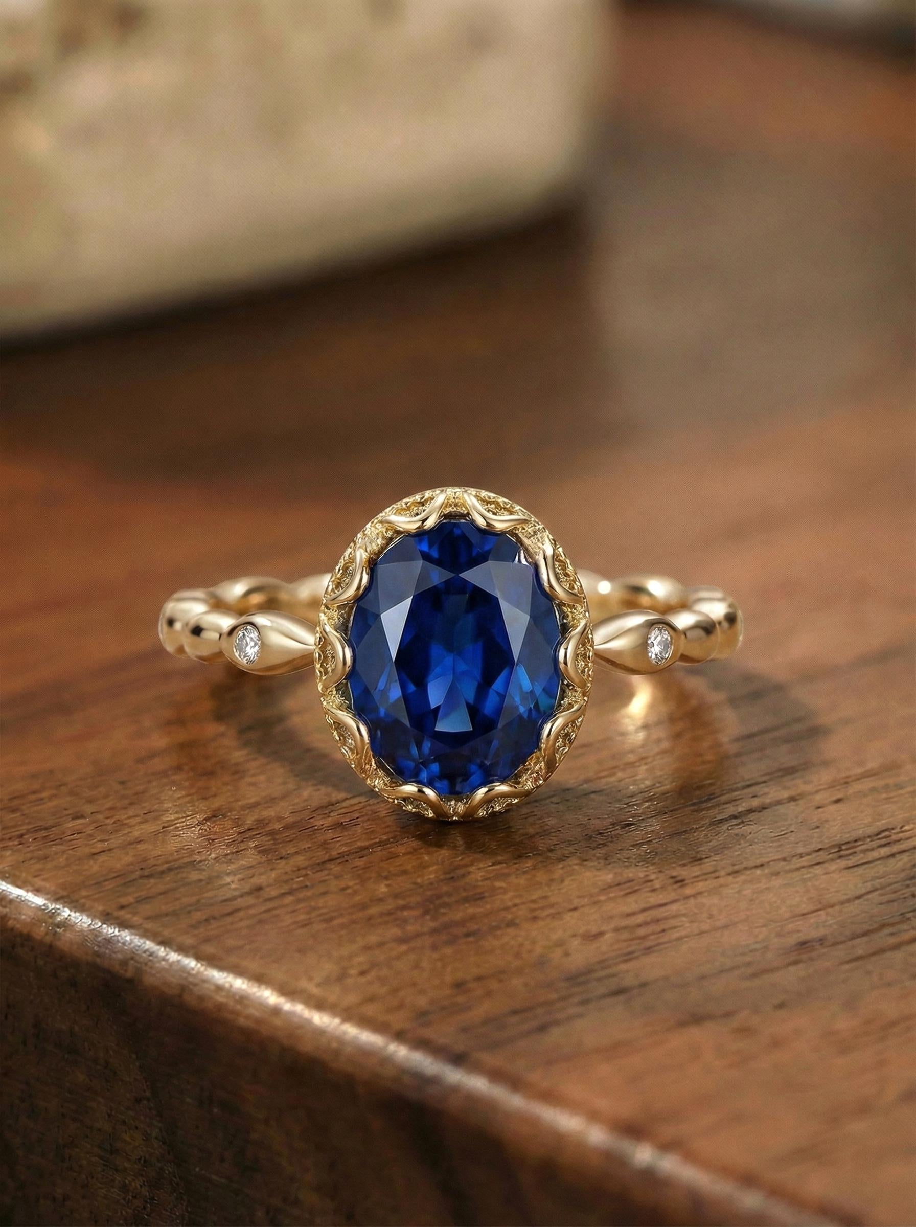 Vintage Oval Cut Blue Sapphire Ring, Rose Gold Antique Wedding Women's Ring, Art Deco Engagement Ring, Unique September Birthstone Ring