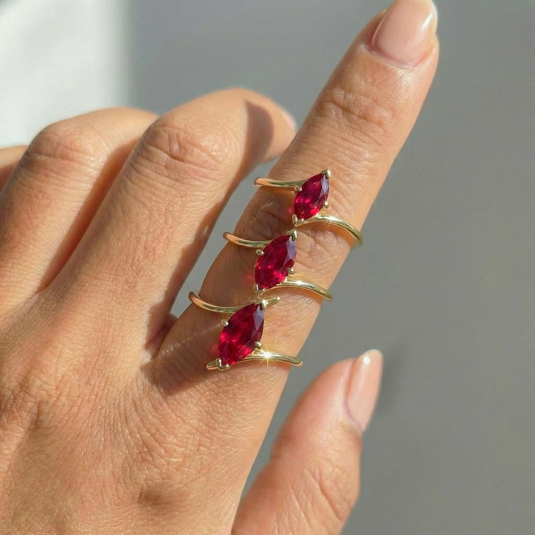1.5ct Ruby Ring, Marquise Cut Emerald Solitaire, Curved Bypass Band, July Birthstone, 14K Gold Nature Inspired Ring