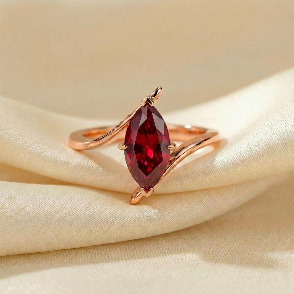 1.5ct Ruby Ring, Marquise Cut Emerald Solitaire, Curved Bypass Band, July Birthstone, 14K Gold Nature Inspired Ring