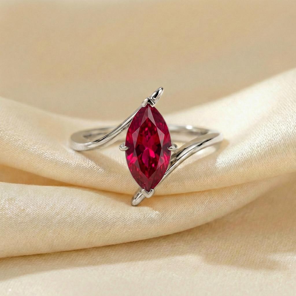 1.5ct Ruby Ring, Marquise Cut Emerald Solitaire, Curved Bypass Band, July Birthstone, 14K Gold Nature Inspired Ring