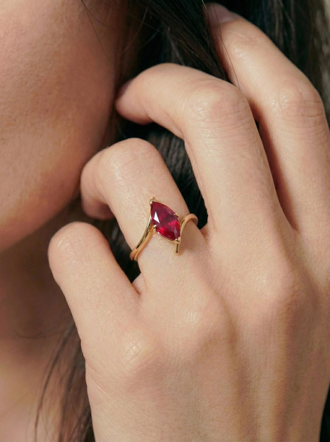1.5ct Ruby Ring, Marquise Cut Emerald Solitaire, Curved Bypass Band, July Birthstone, 14K Gold Nature Inspired Ring