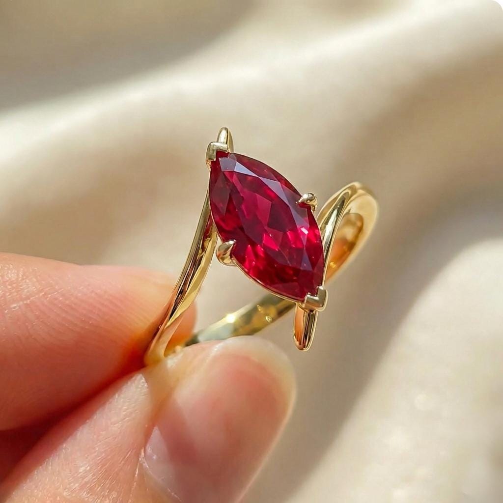 1.5ct Ruby Ring, Marquise Cut Emerald Solitaire, Curved Bypass Band, July Birthstone, 14K Gold Nature Inspired Ring