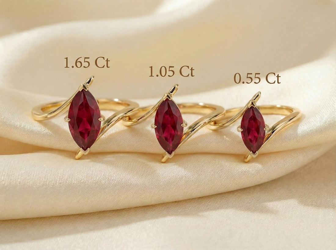 1.5ct Ruby Ring, Marquise Cut Emerald Solitaire, Curved Bypass Band, July Birthstone, 14K Gold Nature Inspired Ring