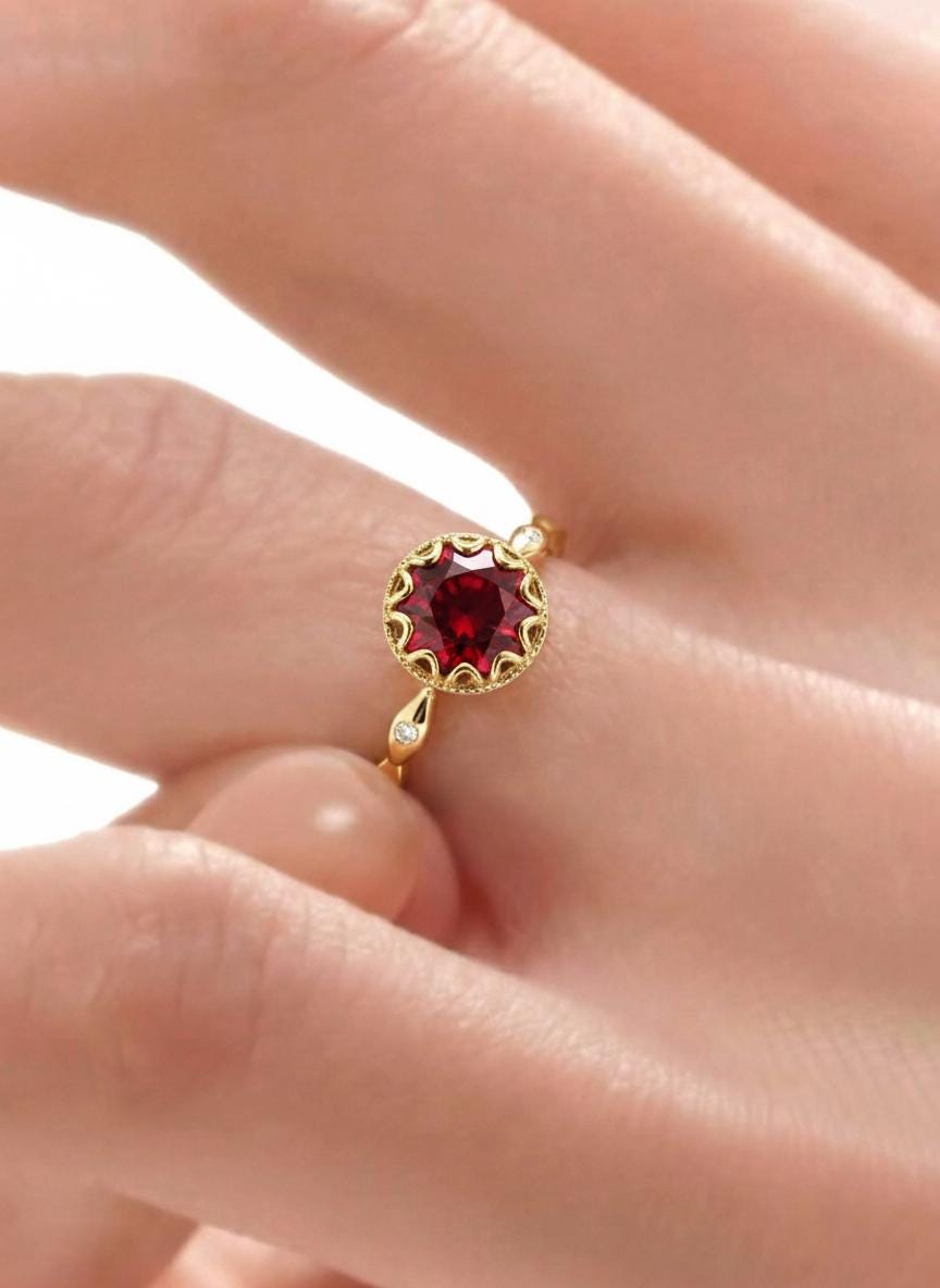 Garnet Ring, Vintage Round Cut Garnet Ring, Rose Gold Antique Wedding Women's Ring, Art Deco Engagement Ring, January Birthstone Ring