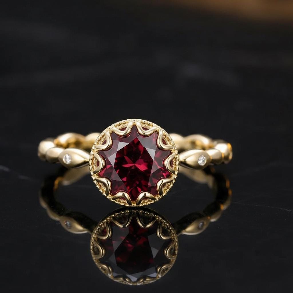 Garnet Ring, Vintage Round Cut Garnet Ring, Rose Gold Antique Wedding Women's Ring, Art Deco Engagement Ring, January Birthstone Ring