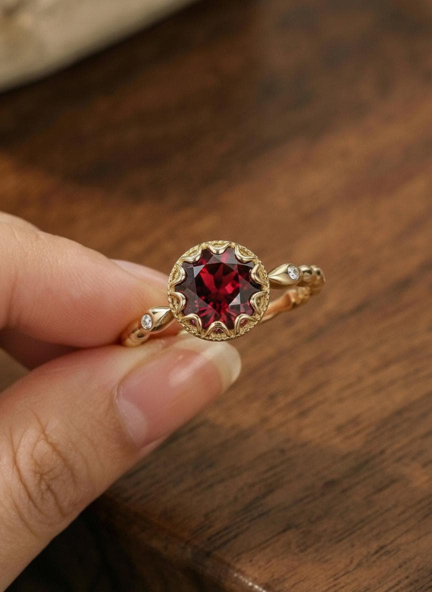 Garnet Ring, Vintage Round Cut Garnet Ring, Rose Gold Antique Wedding Women's Ring, Art Deco Engagement Ring, January Birthstone Ring