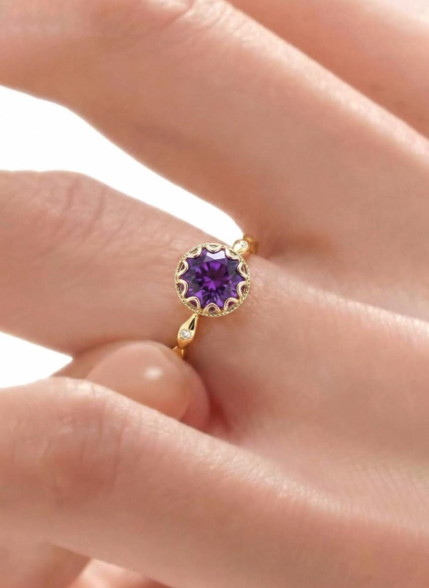 1ct - 2ct Amethyst Ring, Vintage Round Cut Amethyst Ring, Antique Wedding Women's Ring, Art Deco Engagement Ring, February Birthstone