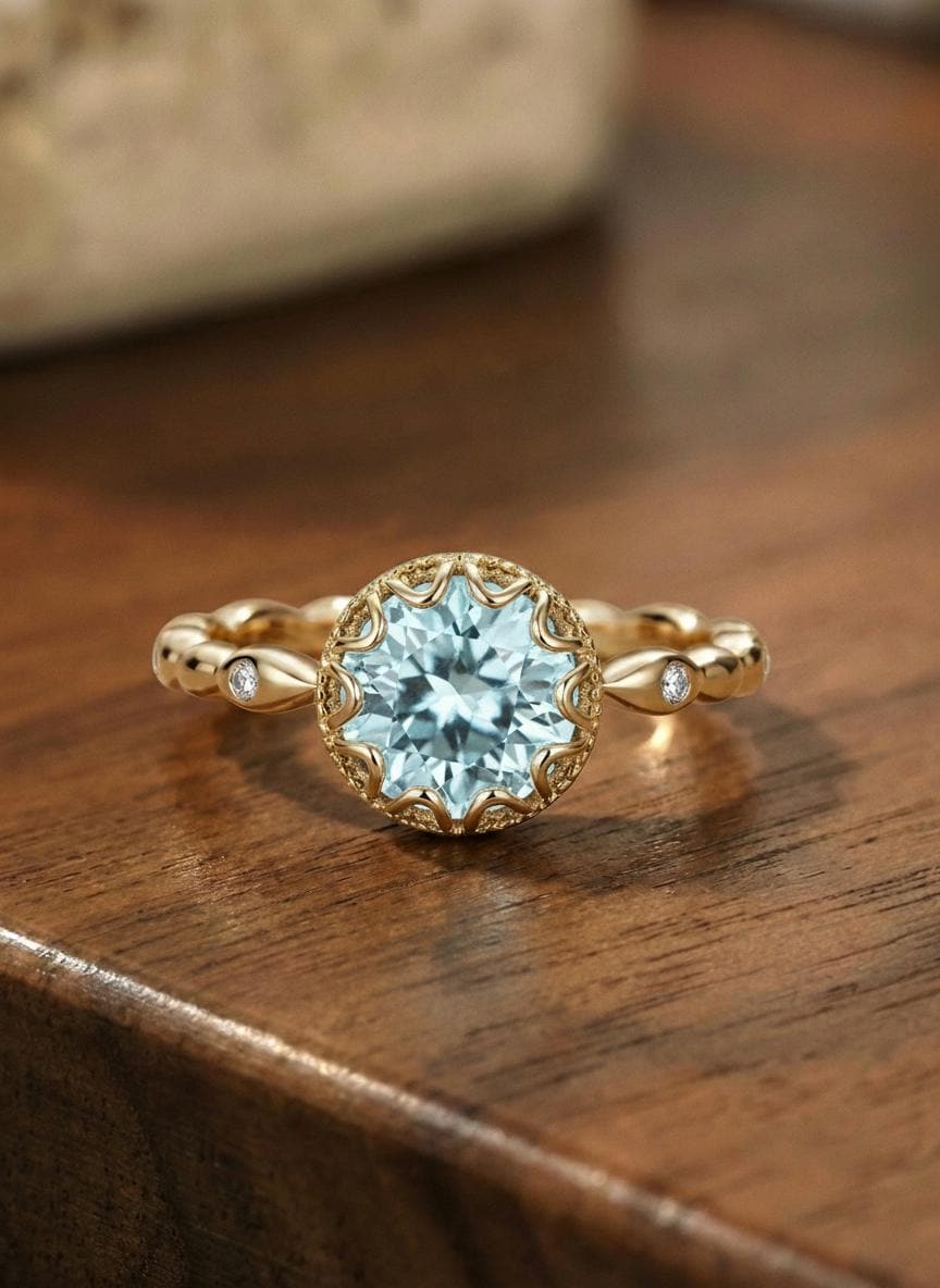 1ct - 2ct Aquamarine Solid Gold Ring, Vintage Round Cut Aquamarine Ring, Antique Wedding Women's Ring, Art Deco Engagement Ring