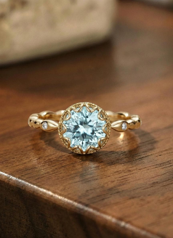 1ct - 2ct Aquamarine Solid Gold Ring, Vintage Round Cut Aquamarine Ring, Antique Wedding Women's Ring, Art Deco Engagement Ring