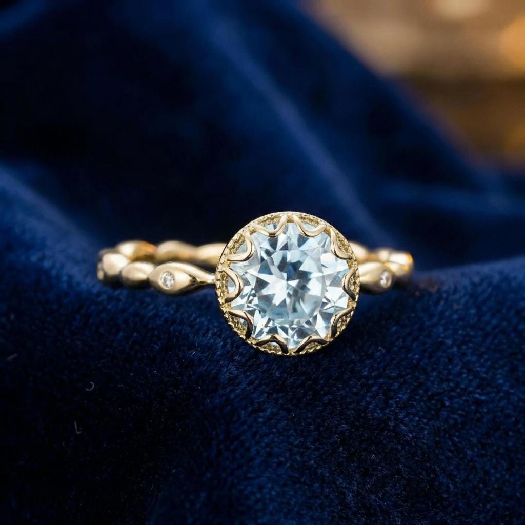 1ct - 2ct Aquamarine Solid Gold Ring, Vintage Round Cut Aquamarine Ring, Antique Wedding Women's Ring, Art Deco Engagement Ring
