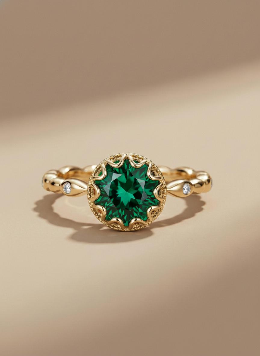 1ct - 2ct Emerald Ring, Vintage Round Cut Emerald Ring, Antique Wedding Women's Ring, Art Deco Engagement Ring, May Birthstone Ring