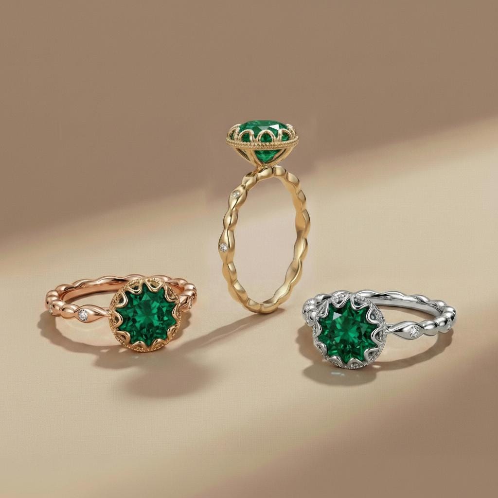1ct - 2ct Emerald Ring, Vintage Round Cut Emerald Ring, Antique Wedding Women's Ring, Art Deco Engagement Ring, May Birthstone Ring