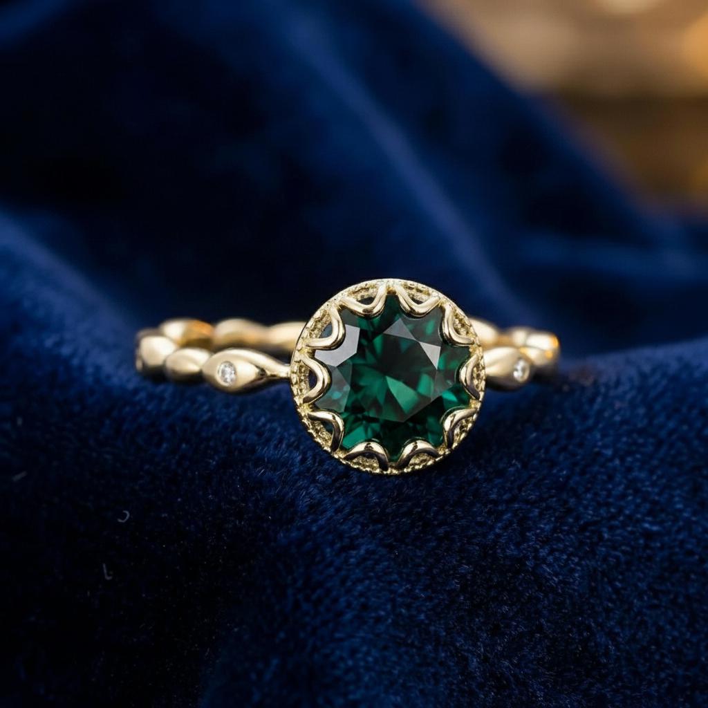 1ct - 2ct Emerald Ring, Vintage Round Cut Emerald Ring, Antique Wedding Women's Ring, Art Deco Engagement Ring, May Birthstone Ring
