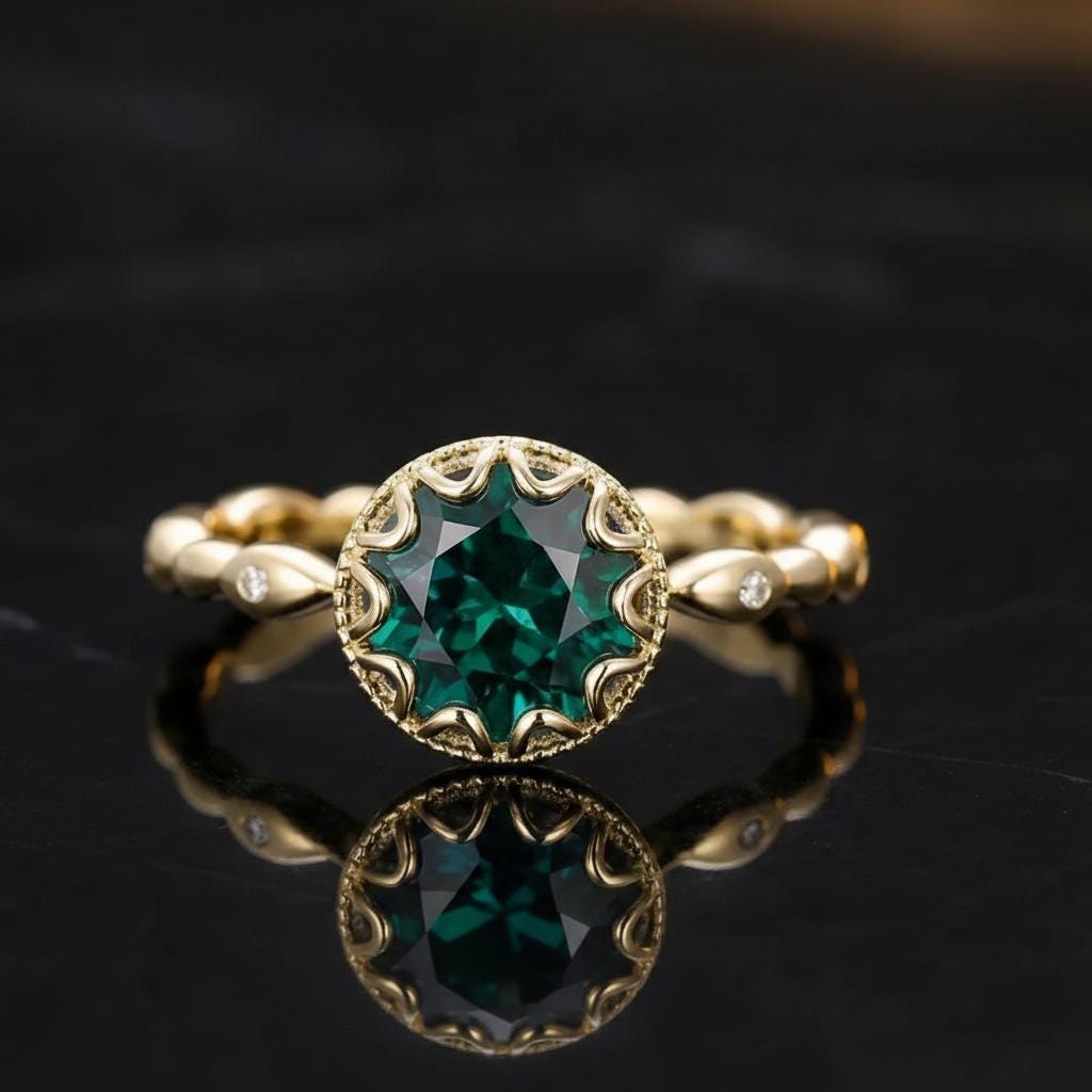 1ct - 2ct Emerald Ring, Vintage Round Cut Emerald Ring, Antique Wedding Women's Ring, Art Deco Engagement Ring, May Birthstone Ring