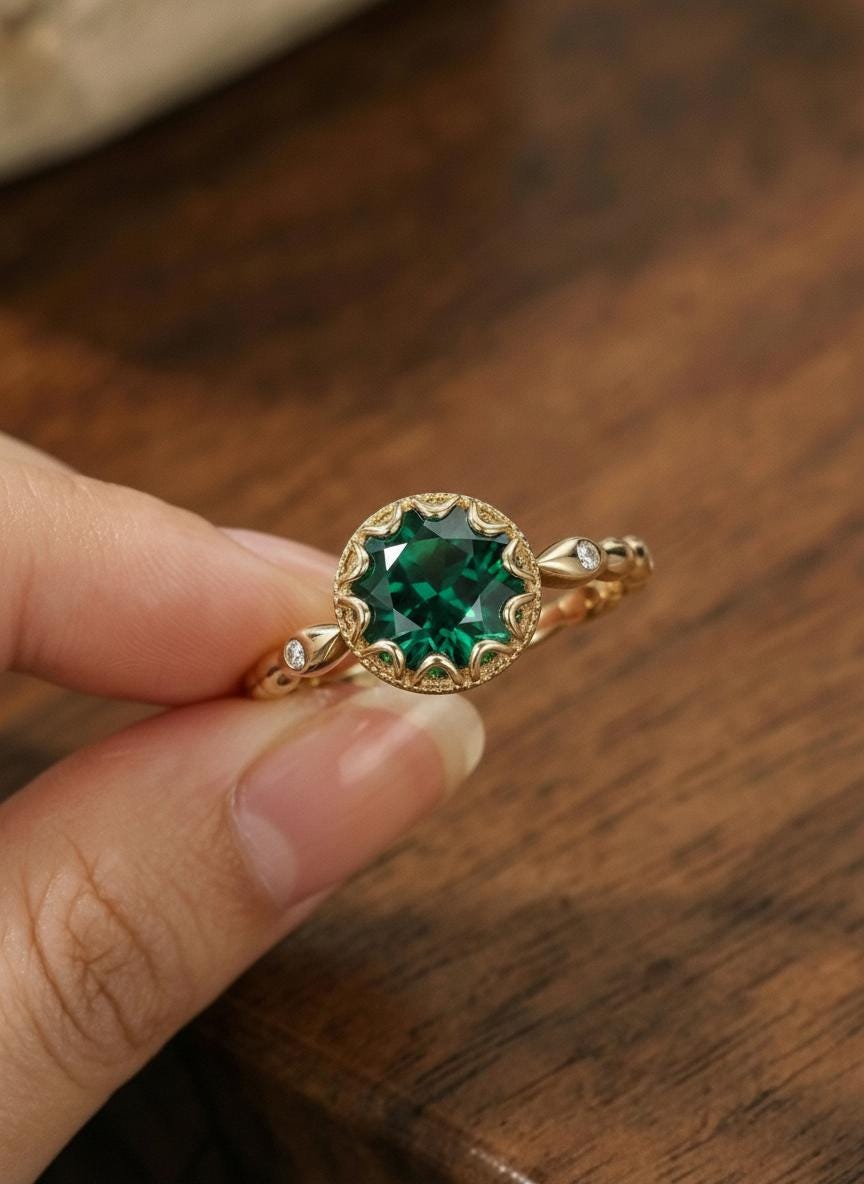 1ct - 2ct Emerald Ring, Vintage Round Cut Emerald Ring, Antique Wedding Women's Ring, Art Deco Engagement Ring, May Birthstone Ring