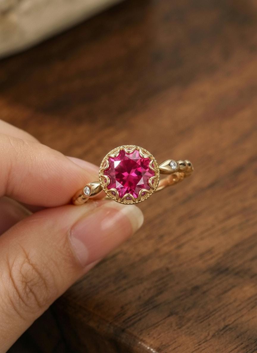 1ct - 2ct Ruby Ring, Vintage Round Cut Ruby Ring, Antique Wedding Women's Ring, Art Deco Engagement Ring, July Birthstone Ring