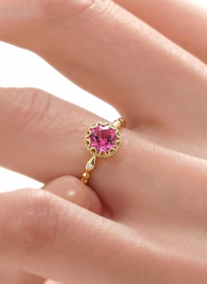 Pink Tourmaline Ring, Vintage Round Cut Pink Tourmaline Ring, Antique Wedding Women's Ring, Art Deco Engagement Ring, October Birthstone
