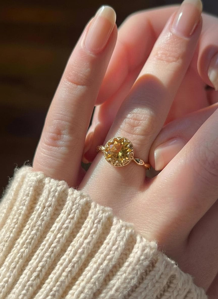 1ct - 2ct Citrine Solid Gold Ring, Vintage Round Cut Citrine Ring, Antique Wedding Ring Art Deco Engagement Ring, November Birthstone
