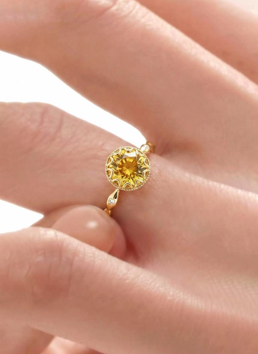 1ct - 2ct Citrine Solid Gold Ring, Vintage Round Cut Citrine Ring, Antique Wedding Ring Art Deco Engagement Ring, November Birthstone