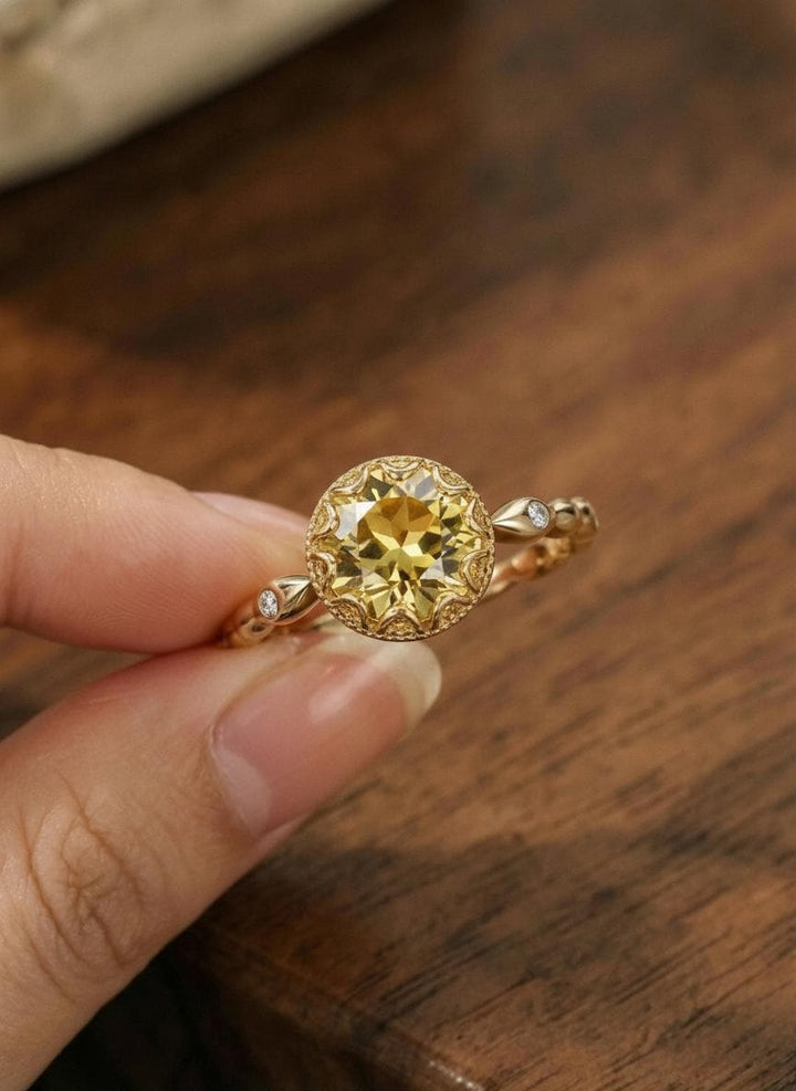 1ct - 2ct Citrine Solid Gold Ring, Vintage Round Cut Citrine Ring, Antique Wedding Ring Art Deco Engagement Ring, November Birthstone