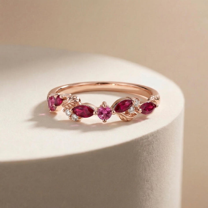 Nature Inspired Ruby & Pink Tourmaline Leaf Ring | Delicate Floral Diamond Accent Band | Unique Anniversary Stacking Ring for Her