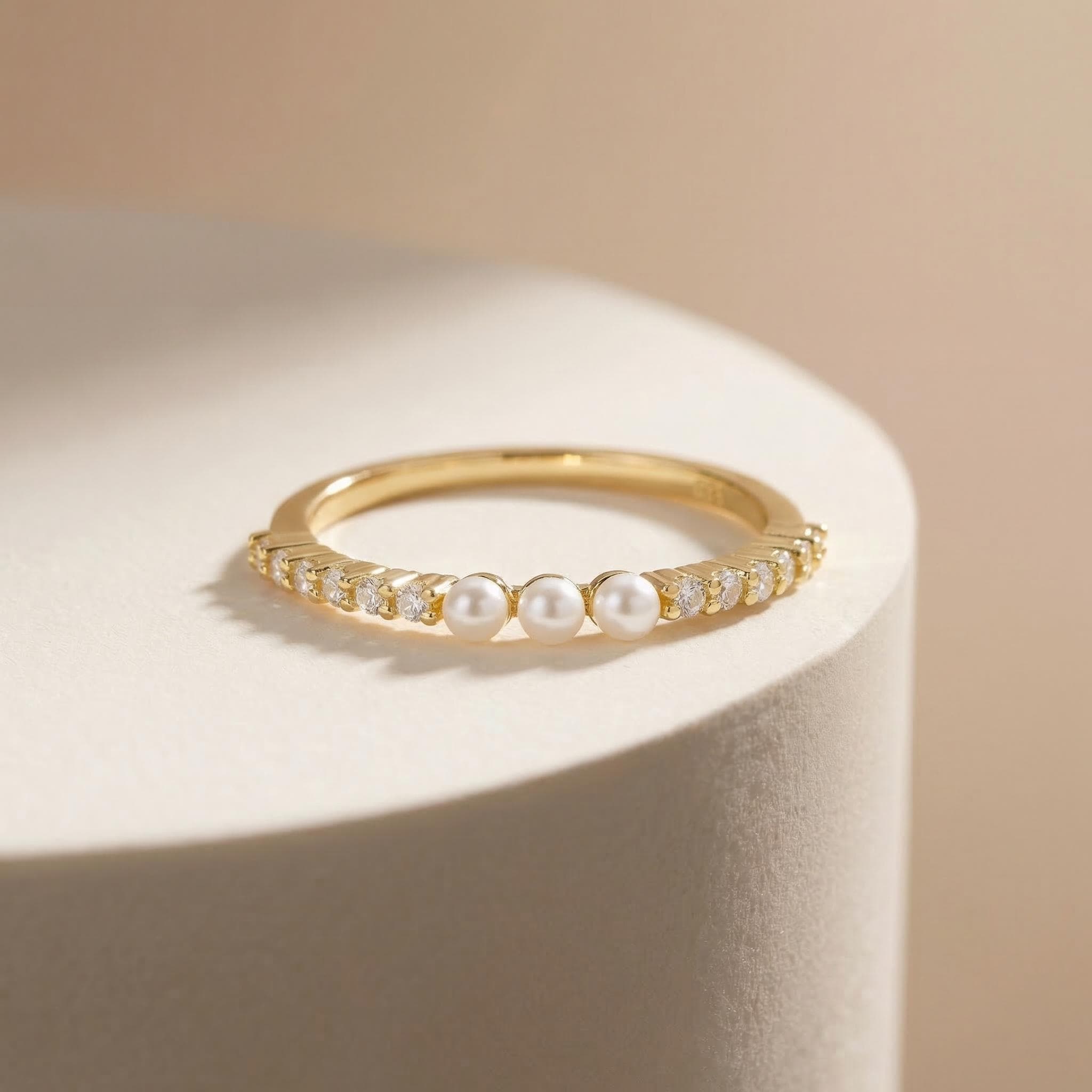Dainty Pearl and Diamond Eternity Ring, 14K Gold Stacking Band, Delicate Gold Pearl Ring, Minimalist Anniversary Gift