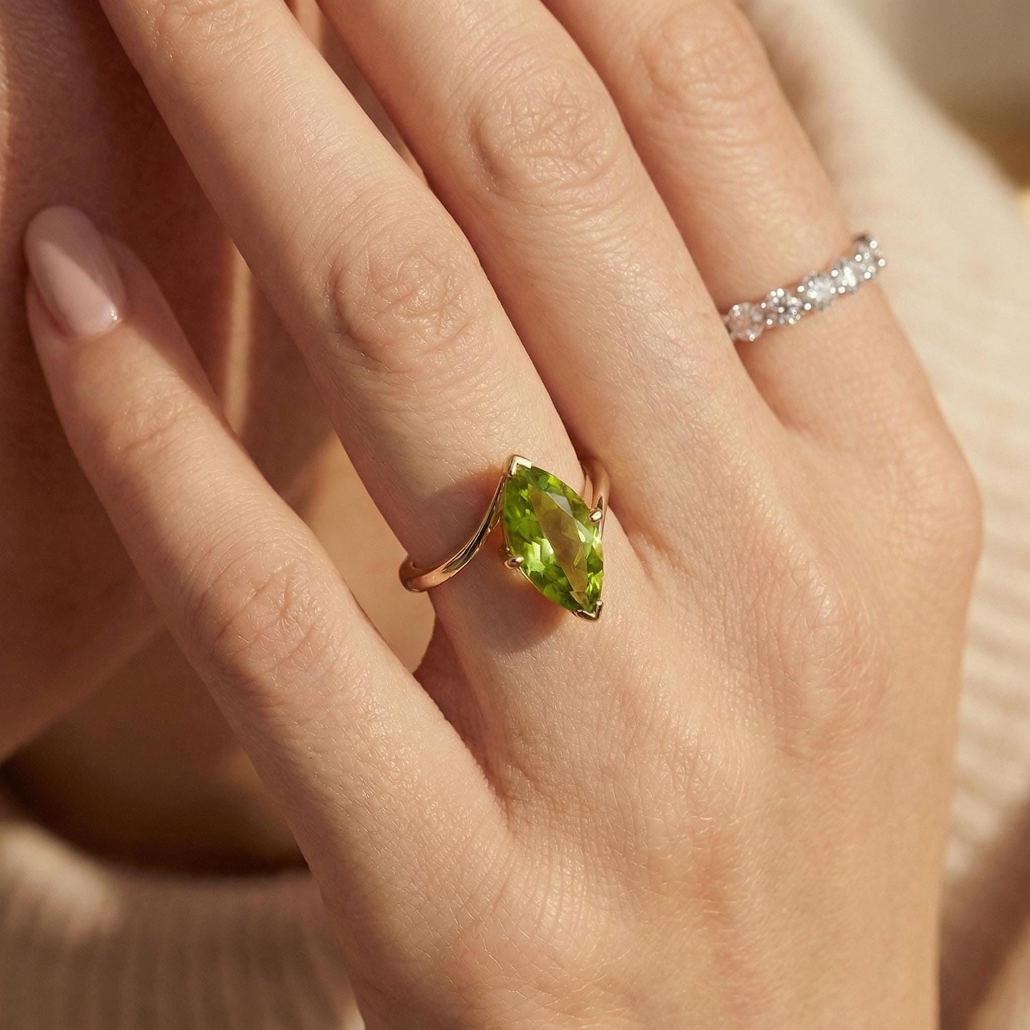 1.5ct Peridot Ring, Marquise Cut Emerald Solitaire, Curved Bypass Band, August Birthstone, 14K Gold Nature Inspired Ring