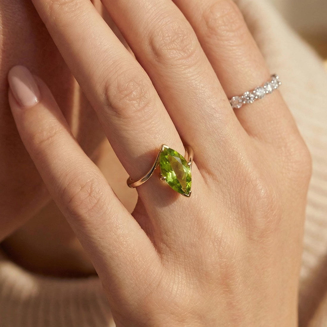 1.5ct Peridot Ring, Marquise Cut Emerald Solitaire, Curved Bypass Band, August Birthstone, 14K Gold Nature Inspired Ring