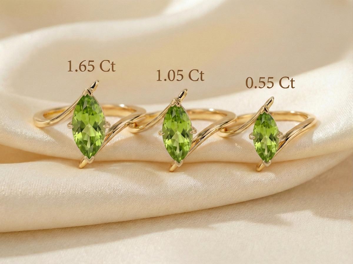 1.5ct Peridot Ring, Marquise Cut Emerald Solitaire, Curved Bypass Band, August Birthstone, 14K Gold Nature Inspired Ring