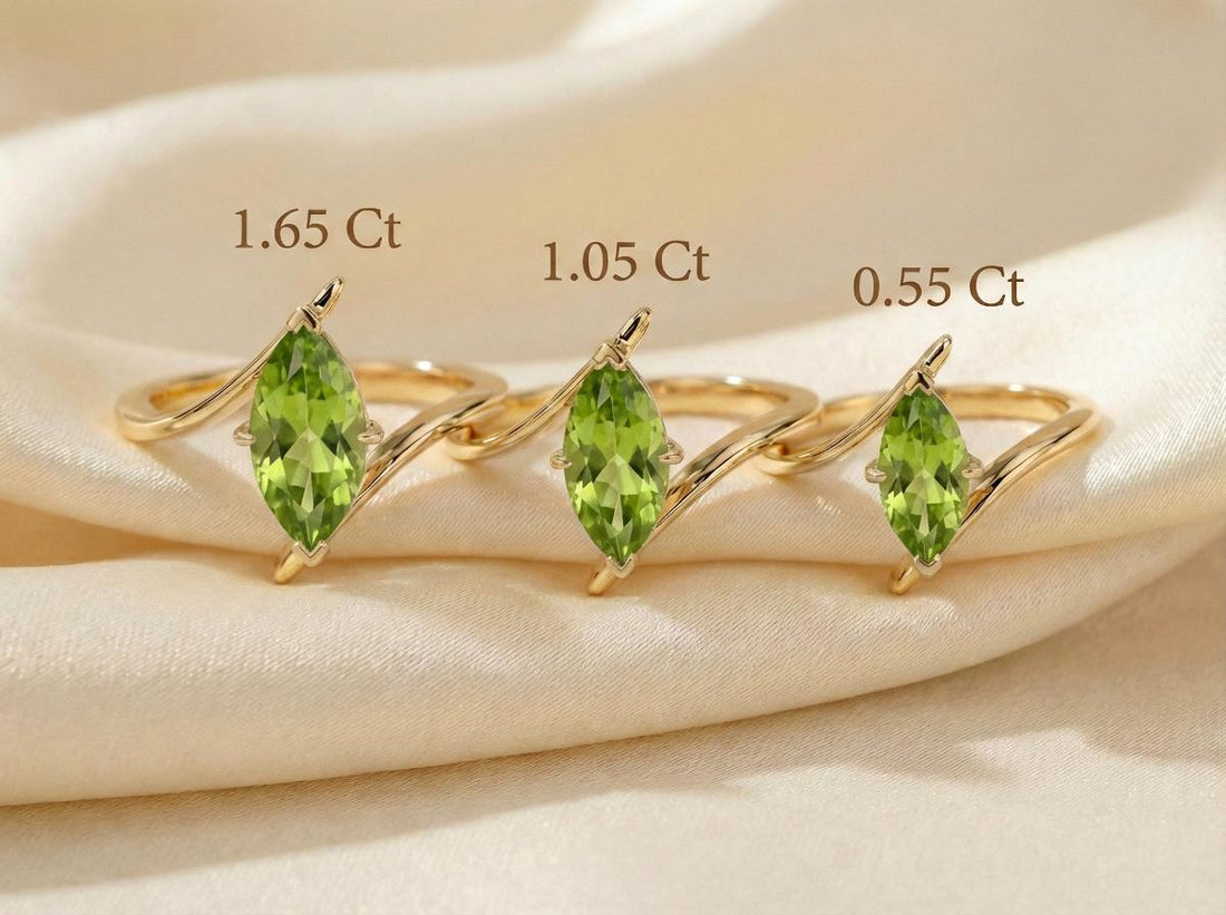 1.5ct Peridot Ring, Marquise Cut Emerald Solitaire, Curved Bypass Band, August Birthstone, 14K Gold Nature Inspired Ring