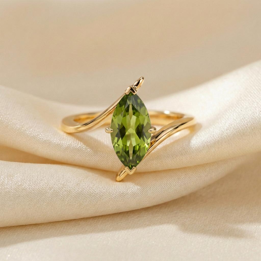 1.5ct Peridot Ring, Marquise Cut Emerald Solitaire, Curved Bypass Band, August Birthstone, 14K Gold Nature Inspired Ring