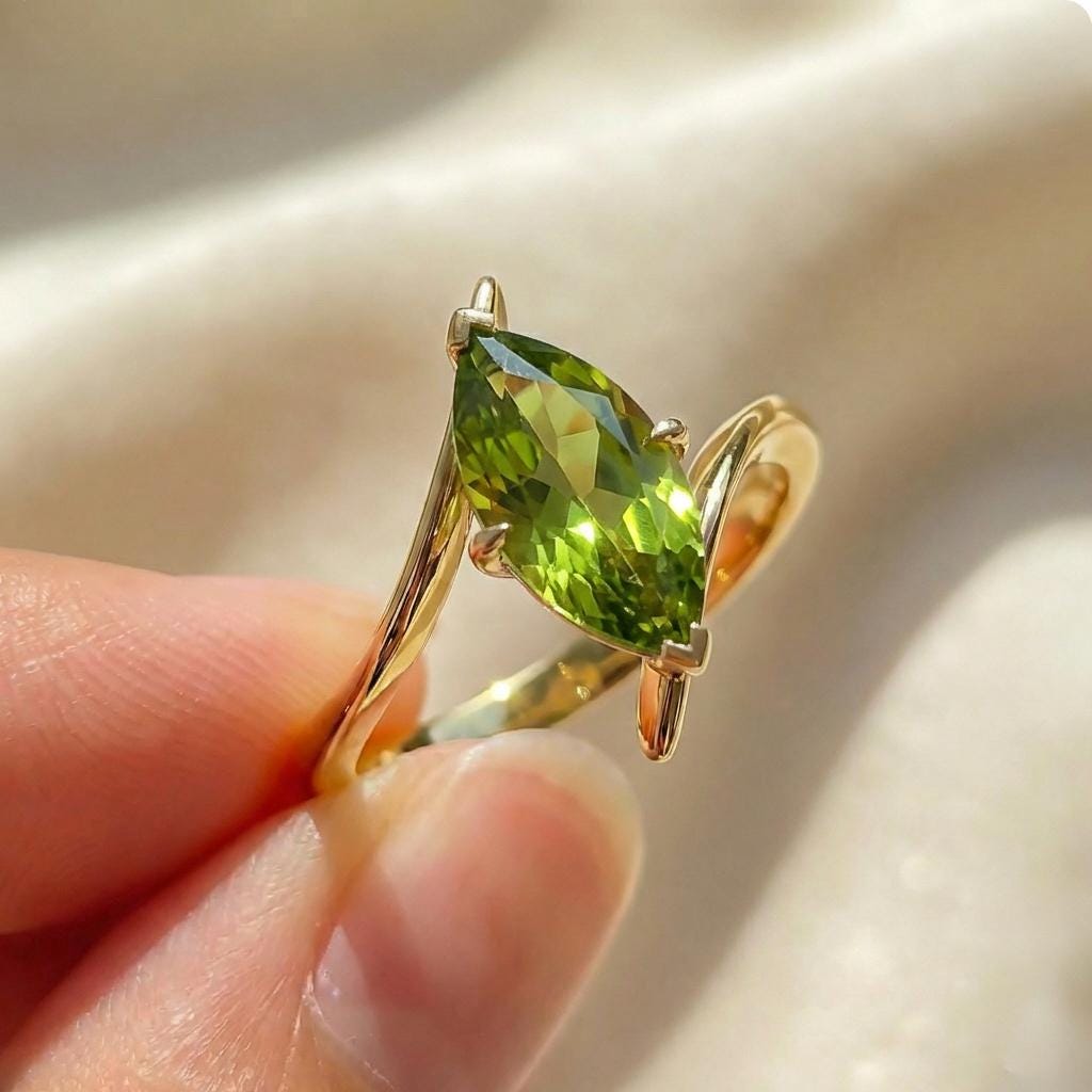 1.5ct Peridot Ring, Marquise Cut Emerald Solitaire, Curved Bypass Band, August Birthstone, 14K Gold Nature Inspired Ring