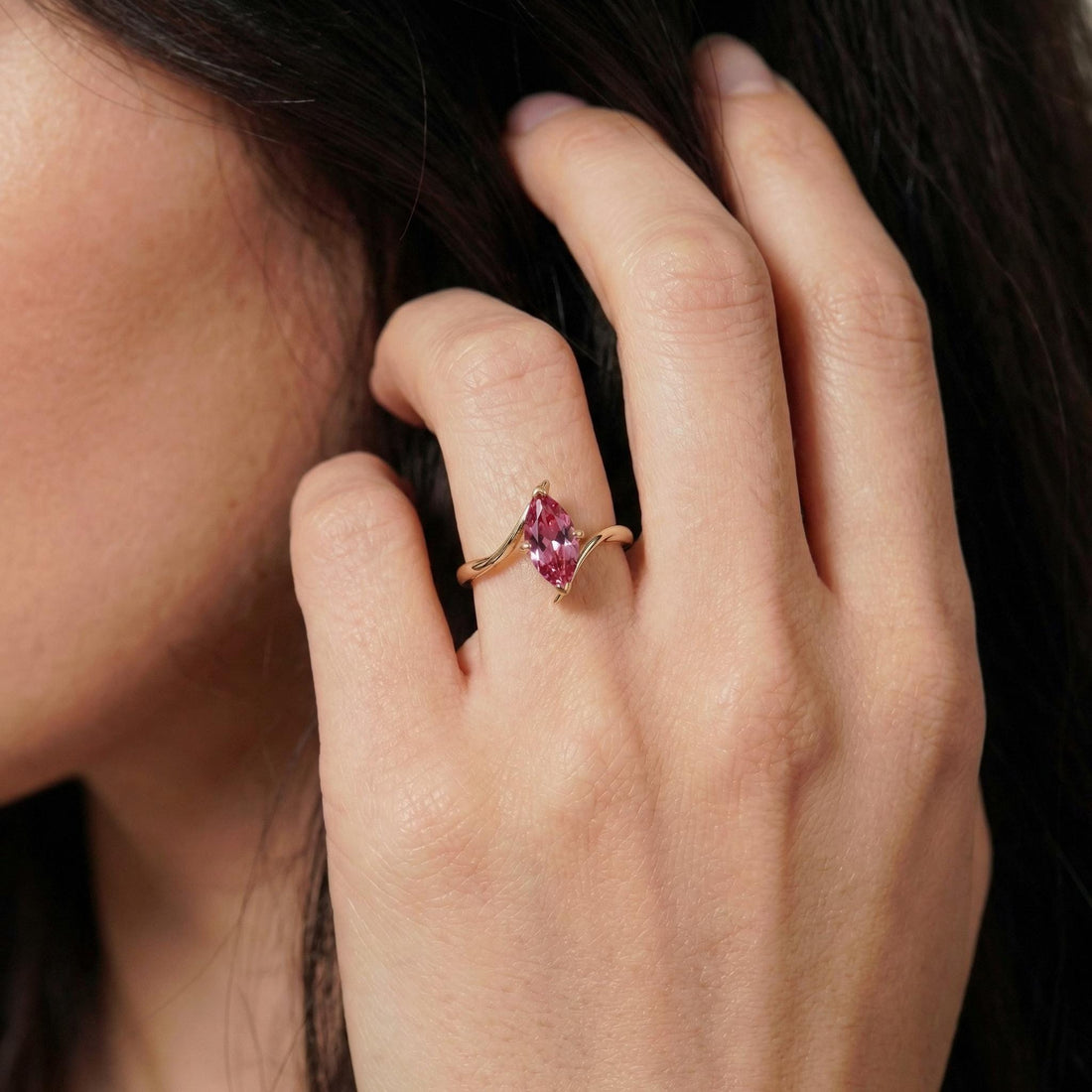 1.5ct Pink Tourmaline Ring, Marquise Cut Emerald Solitaire, Curved Bypass Band, October Birthstone, 14K Gold Nature Inspired Ring