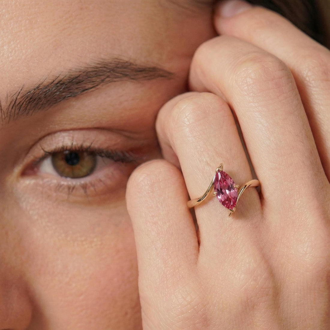 1.5ct Pink Tourmaline Ring, Marquise Cut Emerald Solitaire, Curved Bypass Band, October Birthstone, 14K Gold Nature Inspired Ring