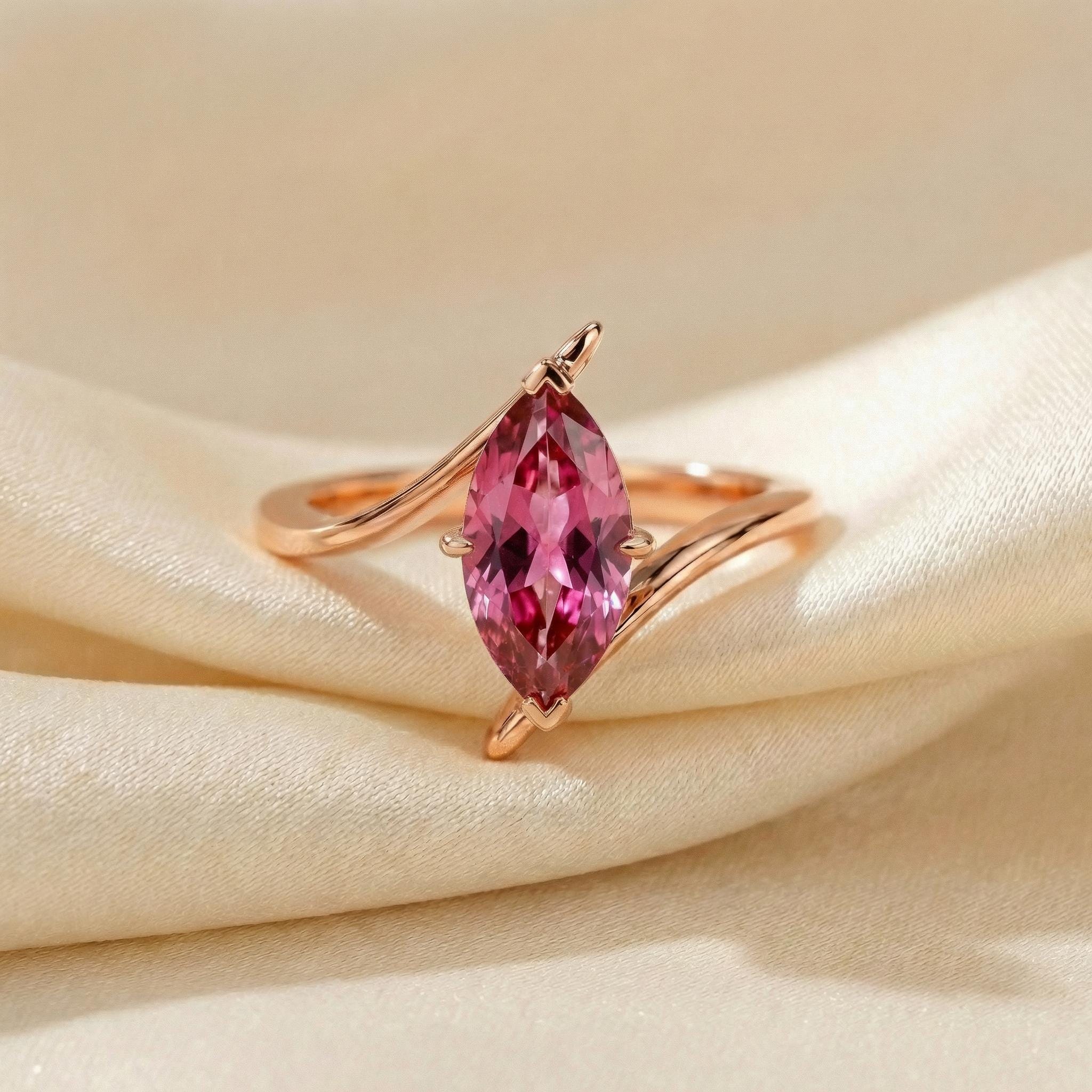 1.5ct Pink Tourmaline Ring, Marquise Cut Emerald Solitaire, Curved Bypass Band, October Birthstone, 14K Gold Nature Inspired Ring