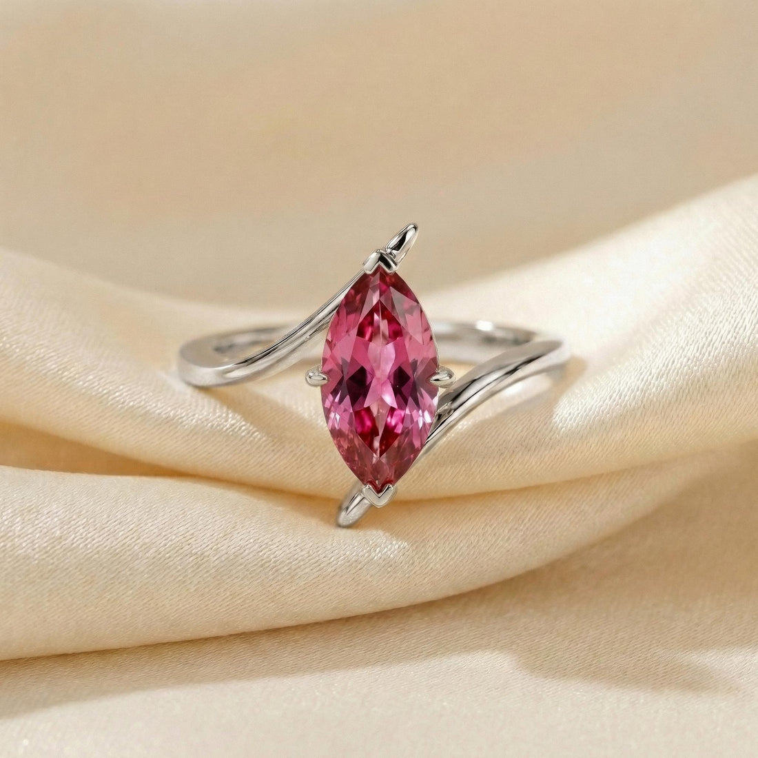 1.5ct Pink Tourmaline Ring, Marquise Cut Emerald Solitaire, Curved Bypass Band, October Birthstone, 14K Gold Nature Inspired Ring