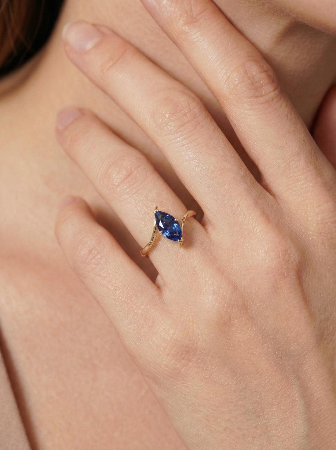 1.5ct Blue Sapphire Ring, Marquise Cut Emerald Solitaire, Curved Bypass Band, September Birthstone, 14K Gold Nature Inspired Ring