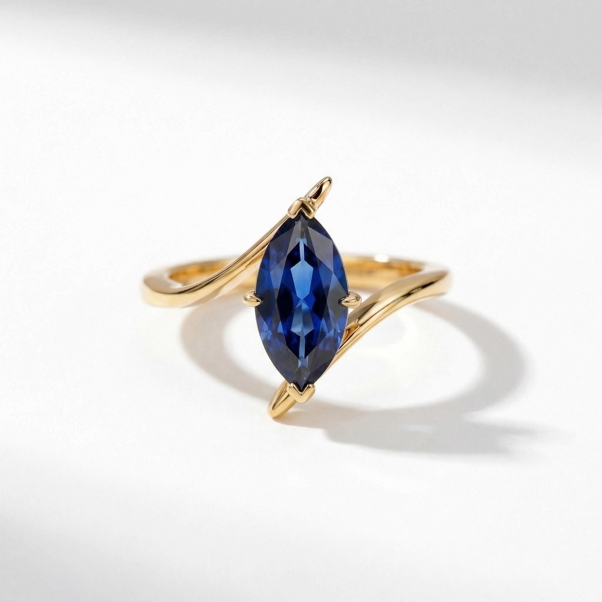 1.5ct Blue Sapphire Ring, Marquise Cut Emerald Solitaire, Curved Bypass Band, September Birthstone, 14K Gold Nature Inspired Ring