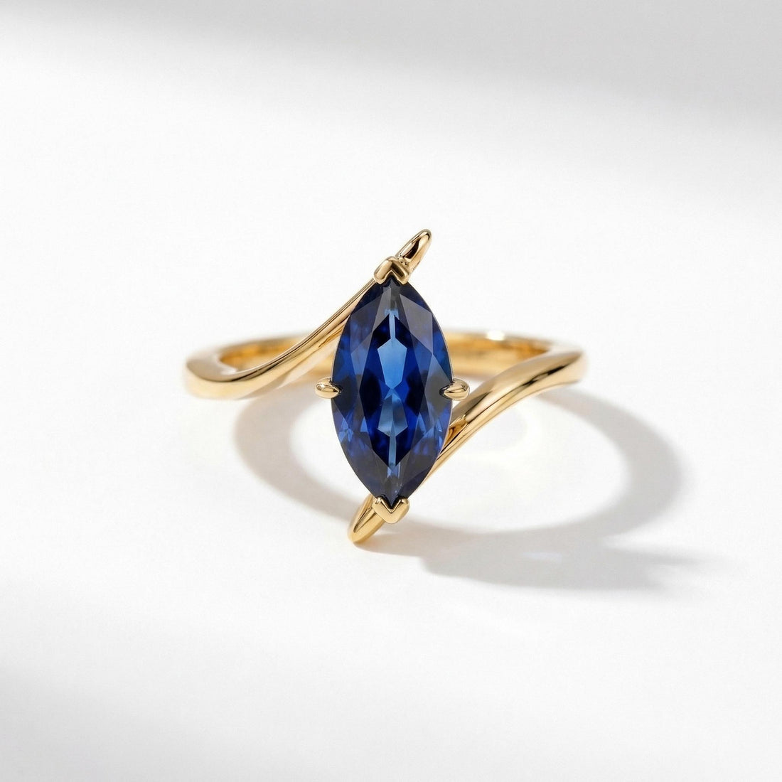 1.5ct Blue Sapphire Ring, Marquise Cut Emerald Solitaire, Curved Bypass Band, September Birthstone, 14K Gold Nature Inspired Ring