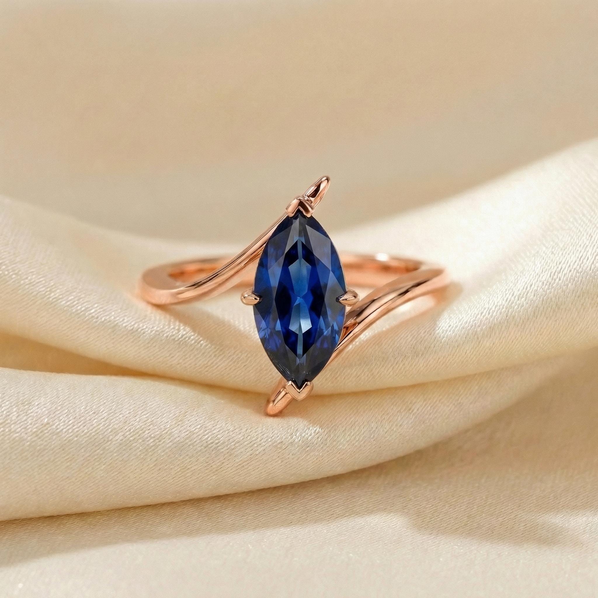 1.5ct Blue Sapphire Ring, Marquise Cut Emerald Solitaire, Curved Bypass Band, September Birthstone, 14K Gold Nature Inspired Ring