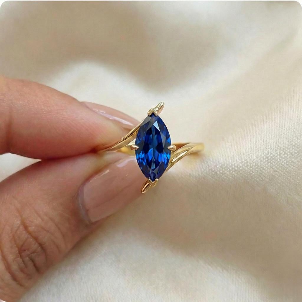 1.5ct Blue Sapphire Ring, Marquise Cut Emerald Solitaire, Curved Bypass Band, September Birthstone, 14K Gold Nature Inspired Ring
