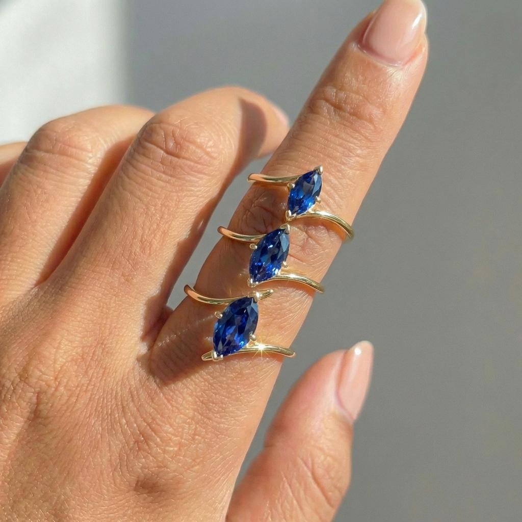 1.5ct Blue Sapphire Ring, Marquise Cut Emerald Solitaire, Curved Bypass Band, September Birthstone, 14K Gold Nature Inspired Ring